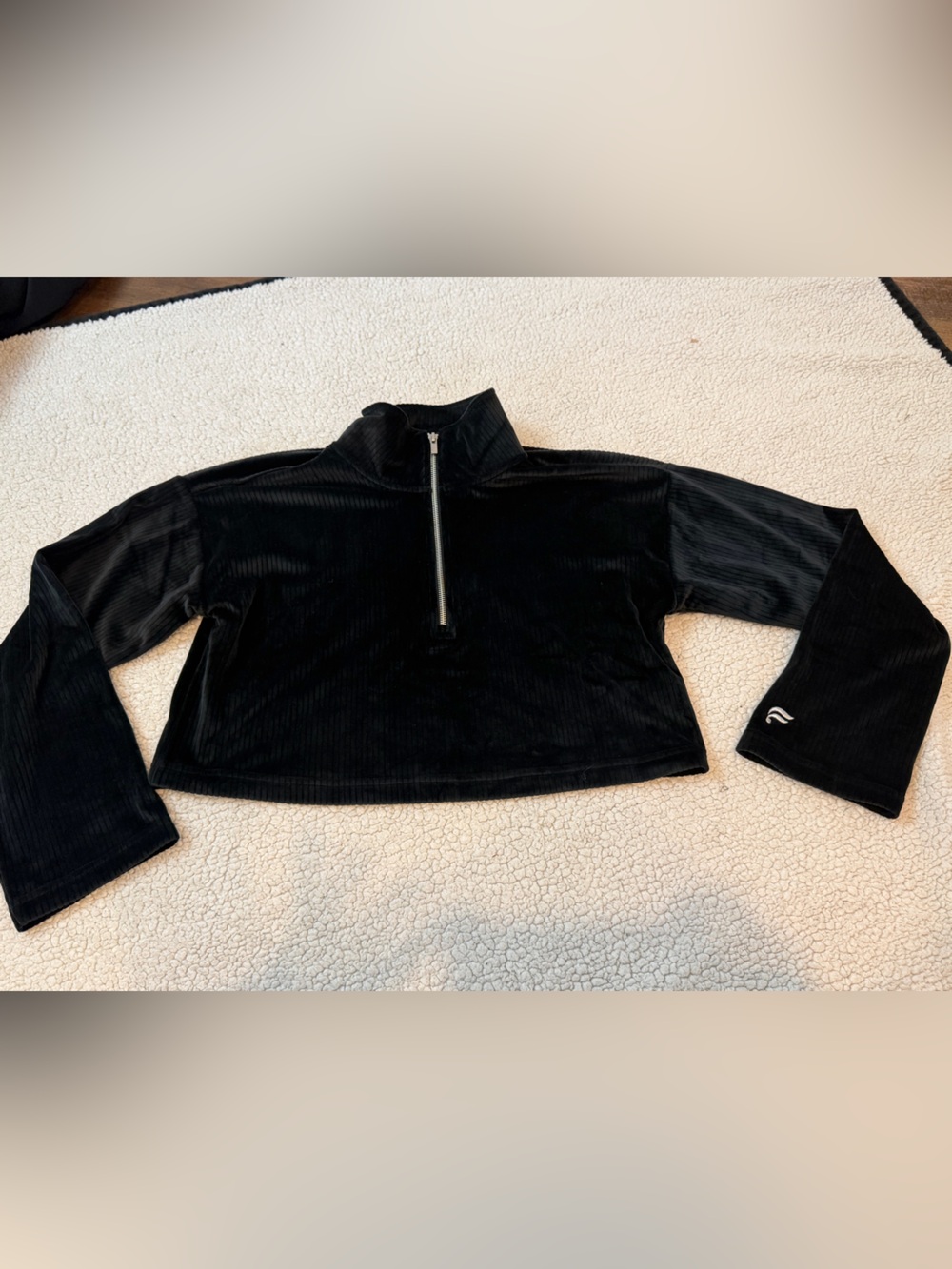 Fabletics Black Cropped Quarter-Zip Velvet Pullover